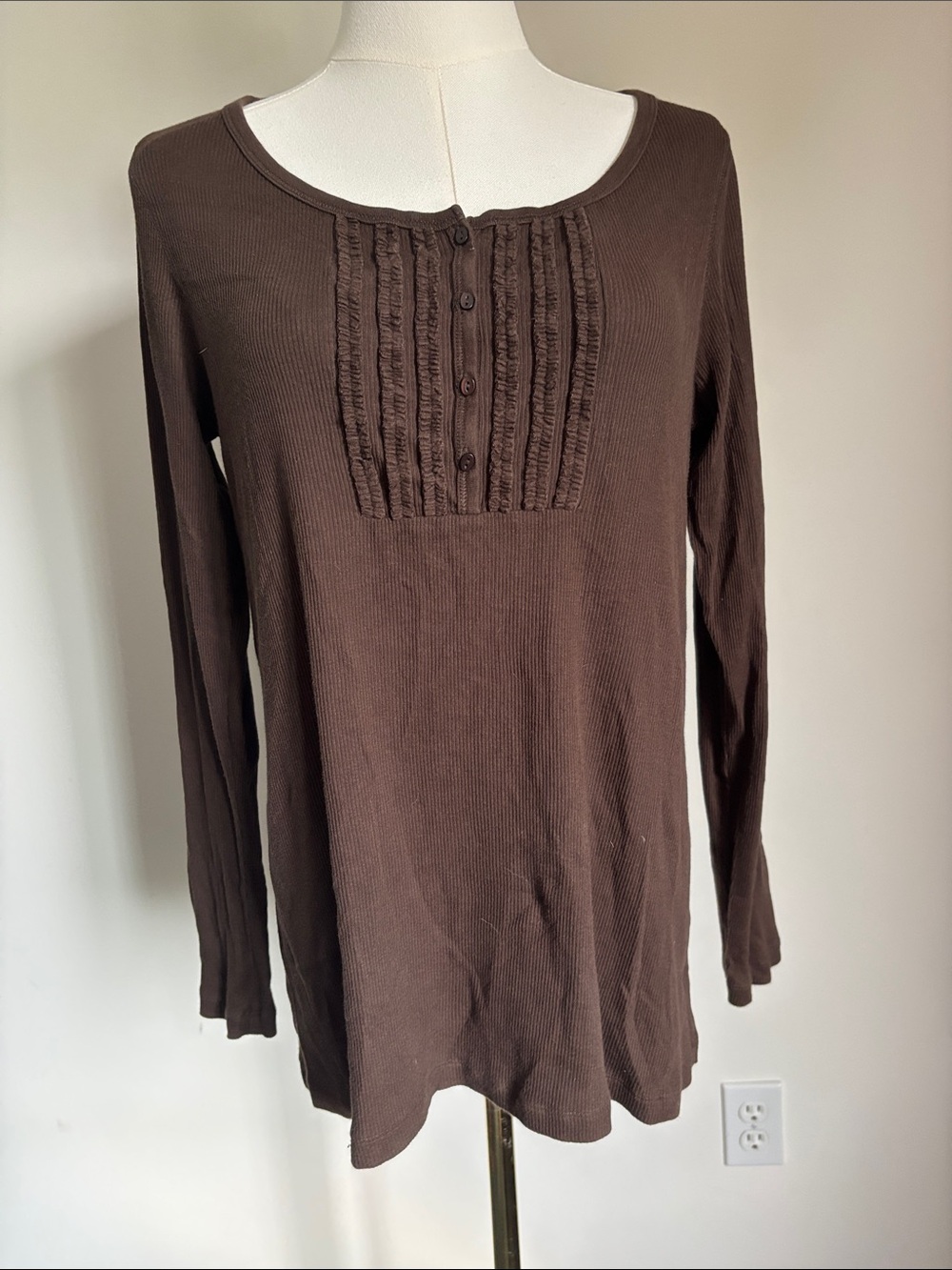 LOFT Chocolate Brown Ruffled Pintuck Long Sleeve Henley